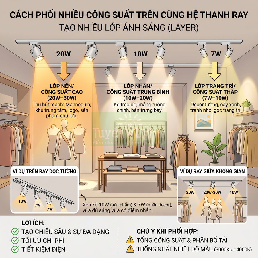 Hướng dẫn phối đèn rọi ray nhiều công suất 7W 10W 20W chiếu sáng cửa hàng quần áo thời trang