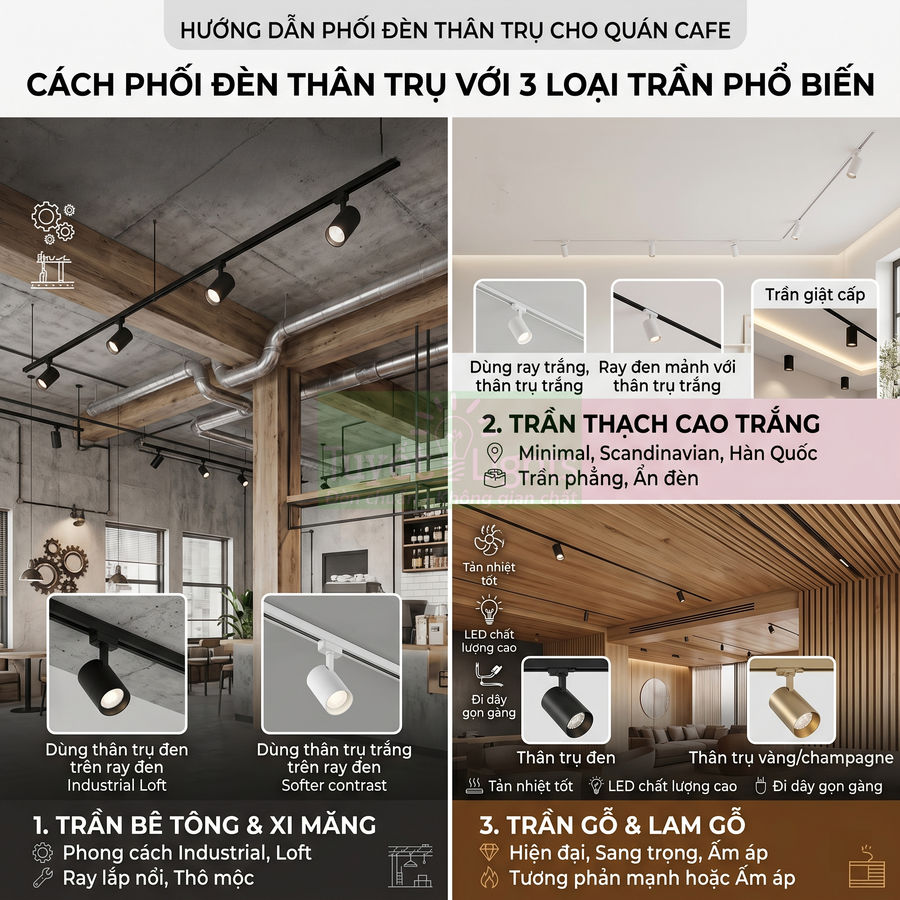 Đèn thân trụ ray nam châm phối với trần bê tông, trần thạch cao và trần gỗ cho quán cafe hiện đại