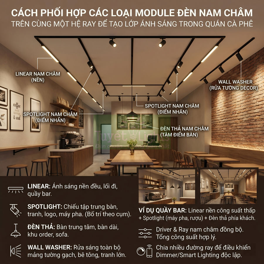 Hệ thống đèn ray nam châm kết hợp spotlight, linear và wall washer chiếu sáng quán cà phê hiện đại