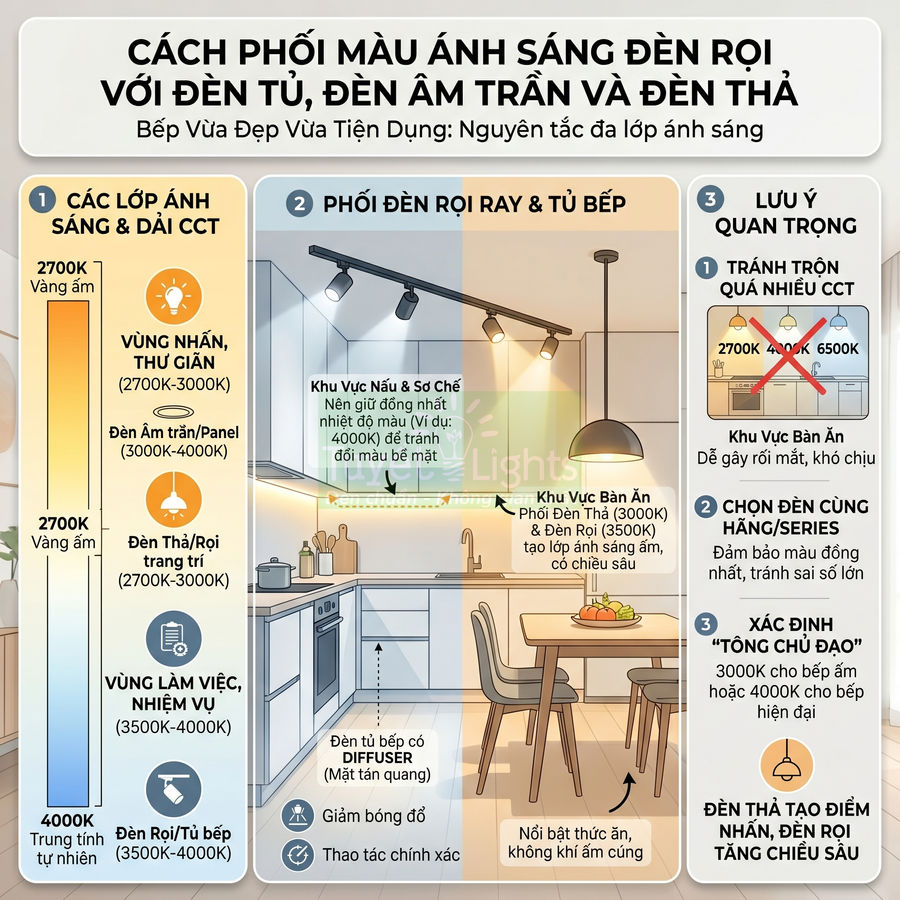 Hướng dẫn phối màu ánh sáng đèn rọi, đèn âm trần và đèn thả cho không gian bếp ăn hiện đại