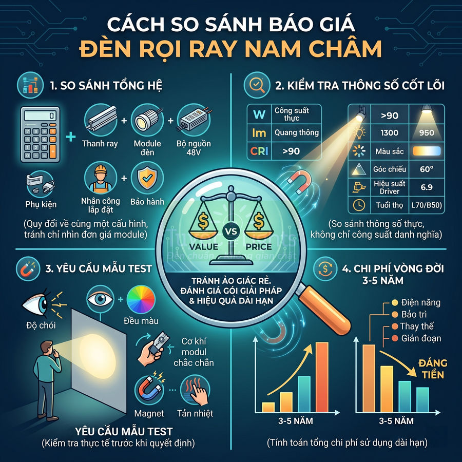 Infographic hướng dẫn so sánh báo giá và lựa chọn đèn rọi ray nam châm tiết kiệm chi phí