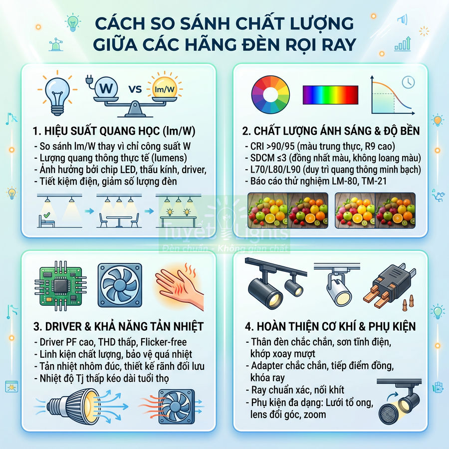 Infographic hướng dẫn so sánh chất lượng các hãng đèn rọi ray theo hiệu suất, ánh sáng, tản nhiệt và phụ kiện