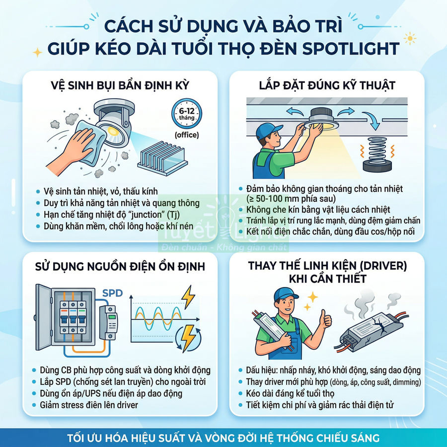 Hướng dẫn sử dụng và bảo trì đèn spotlight để kéo dài tuổi thọ và tối ưu hiệu suất chiếu sáng