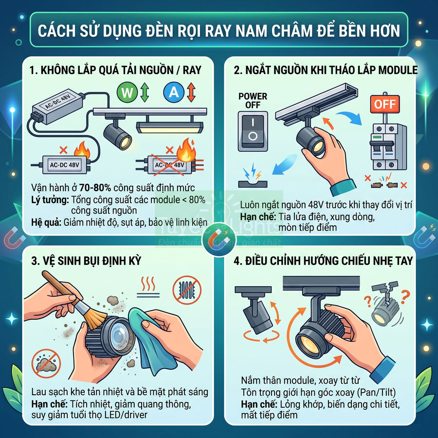 Hướng dẫn sử dụng và bảo dưỡng đèn rọi ray nam châm để tăng độ bền và an toàn khi chiếu sáng