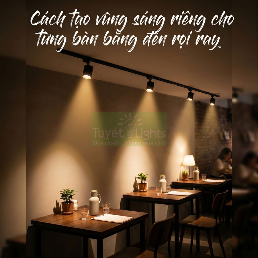 Đèn rọi ray Tuyết Lights chiếu sáng từng bàn gỗ trong quán cà phê không gian ấm cúng