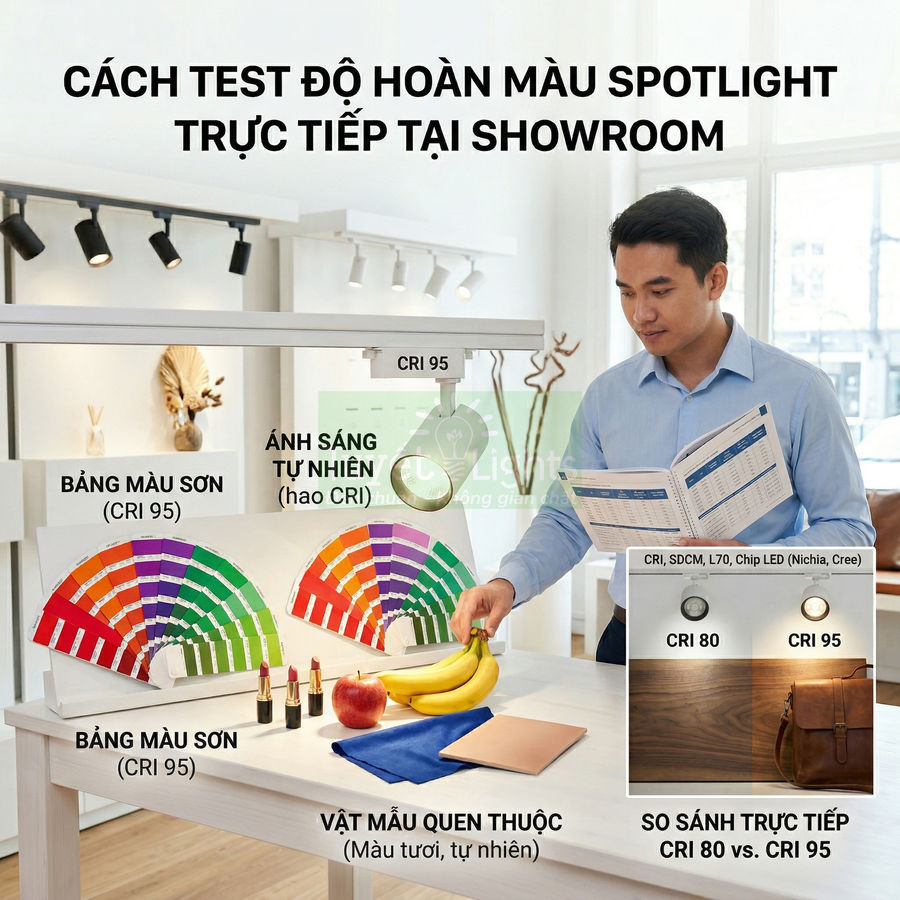 Người đàn ông test độ hoàn màu đèn spotlight CRI 95 với bảng màu sơn và trái cây trên bàn trong showroom