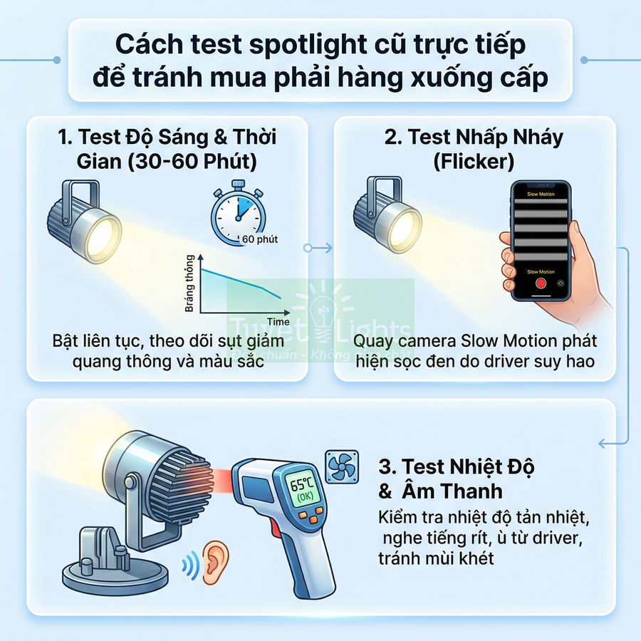 Hướng dẫn test đèn spotlight cũ: kiểm tra độ sáng, nhấp nháy, nhiệt độ và âm thanh để tránh mua hàng kém chất lượng