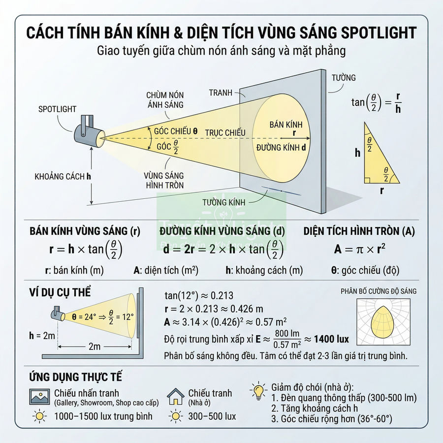 Bảng hướng dẫn tính bán kính và diện tích vùng sáng của đèn spotlight chiếu lên tường