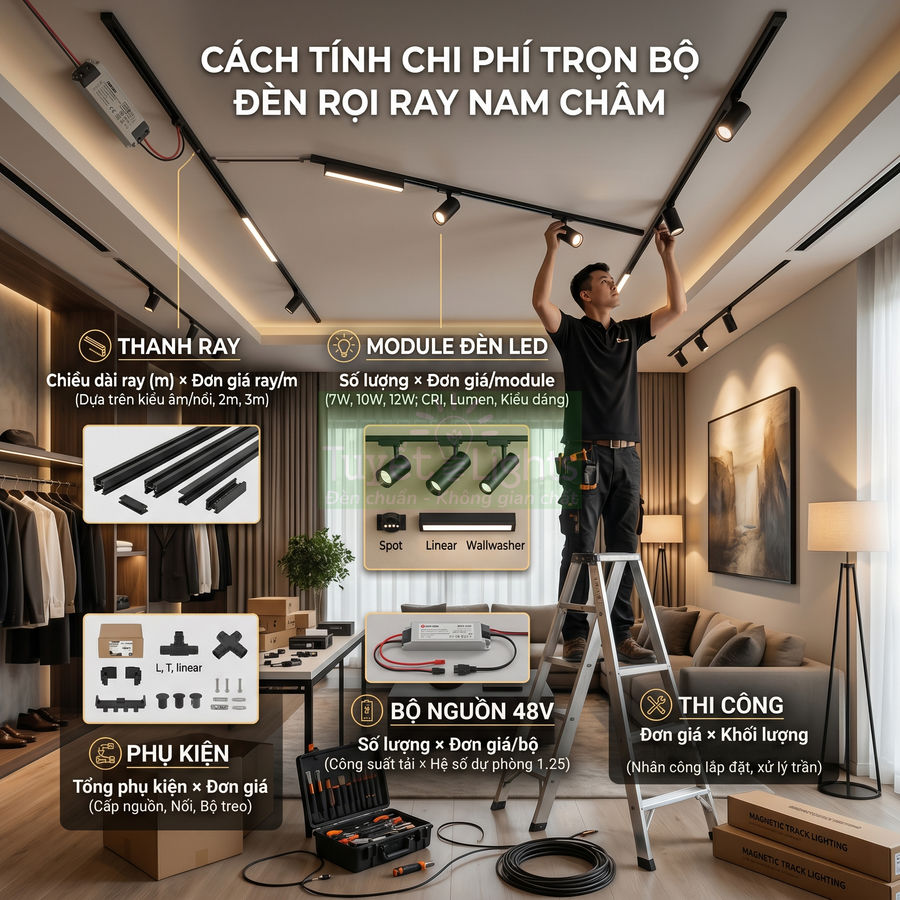 Lắp đặt trọn bộ đèn rọi ray nam châm trong phòng khách với thanh ray, module đèn LED, bộ nguồn 48V và phụ kiện