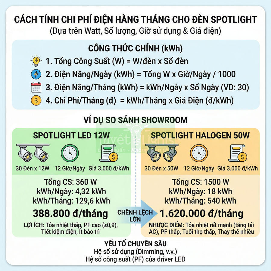 Bảng so sánh chi phí điện hàng tháng giữa đèn spotlight LED 12W và spotlight halogen 50W cho showroom