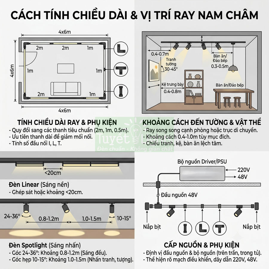 Hướng dẫn lắp đặt và tính chiều dài ray nam châm cho đèn spotlight và đèn linear trong phòng khách và bếp