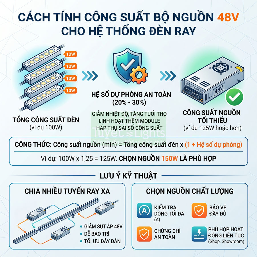 Hướng dẫn tính công suất bộ nguồn 48V cho hệ thống đèn ray LED và lưu ý chọn nguồn chất lượng