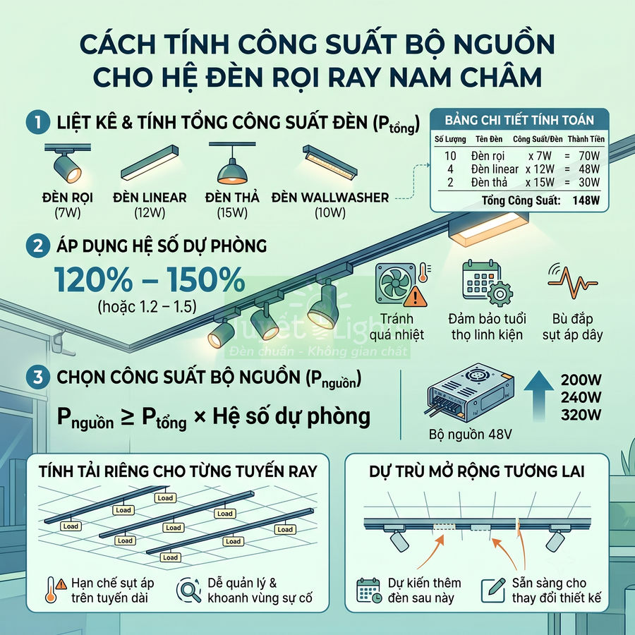 Hướng dẫn tính công suất bộ nguồn cho hệ đèn rọi ray nam châm kèm ví dụ và lưu ý lắp đặt