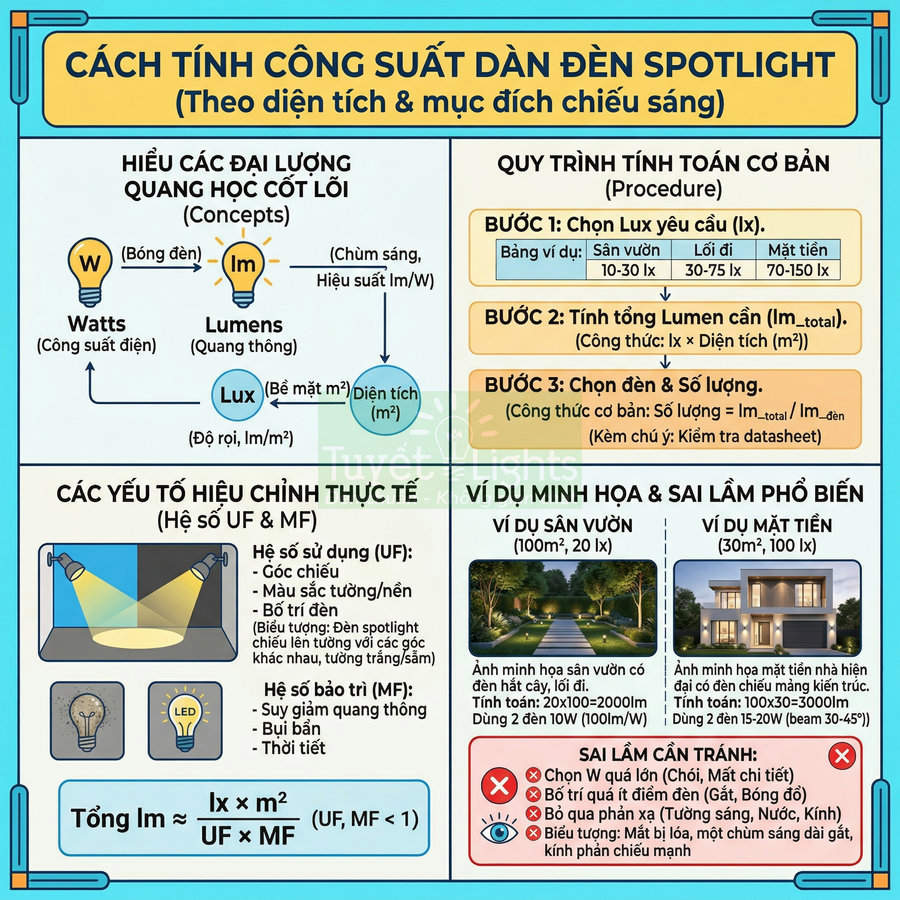 Hướng dẫn cách tính công suất dàn đèn spotlight theo diện tích và mục đích chiếu sáng bằng infographics tiếng Việt