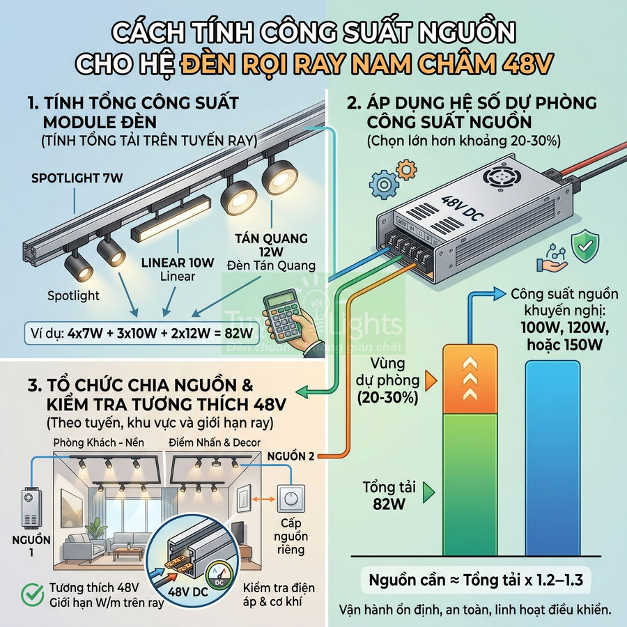 Hướng dẫn tính công suất nguồn cho hệ đèn rọi ray nam châm 48V với ví dụ tổng tải 82W và chọn nguồn 100W đến 150W