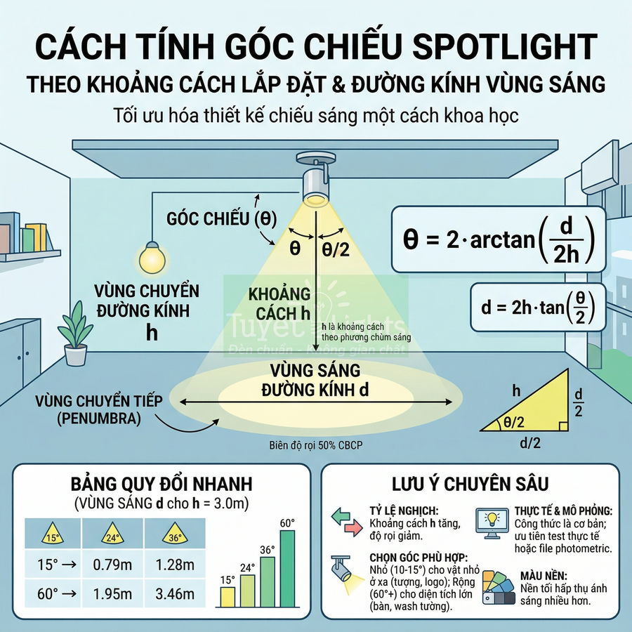Hướng dẫn tính góc chiếu đèn spotlight theo khoảng cách lắp đặt và đường kính vùng sáng trong phòng