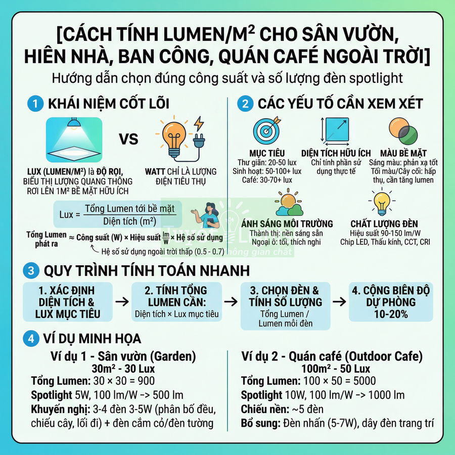 Cách tính lumen trên mét vuông cho sân vườn hiên nhà ban công quán cafe ngoài trời và hướng dẫn chọn đèn spotlight