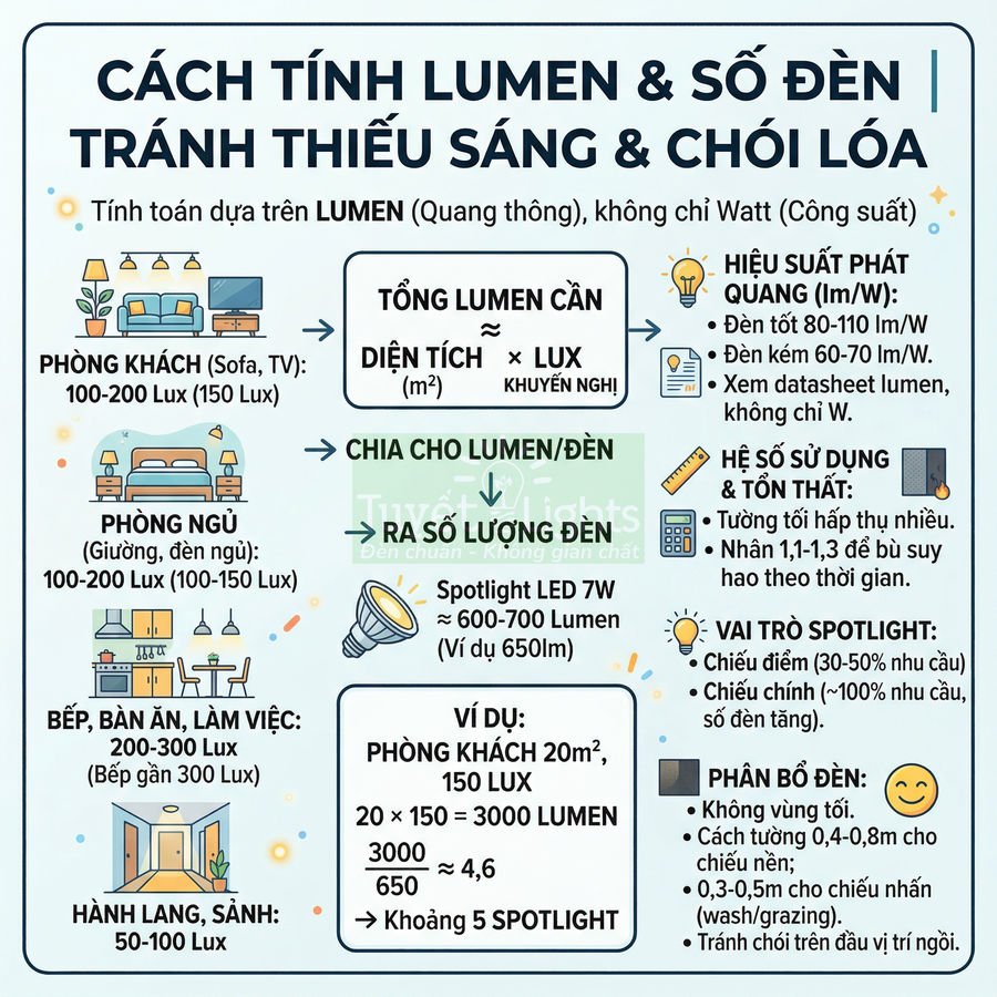 Hướng dẫn tính lumen và số lượng đèn LED spotlight cho phòng khách, phòng ngủ, bếp và hành lang