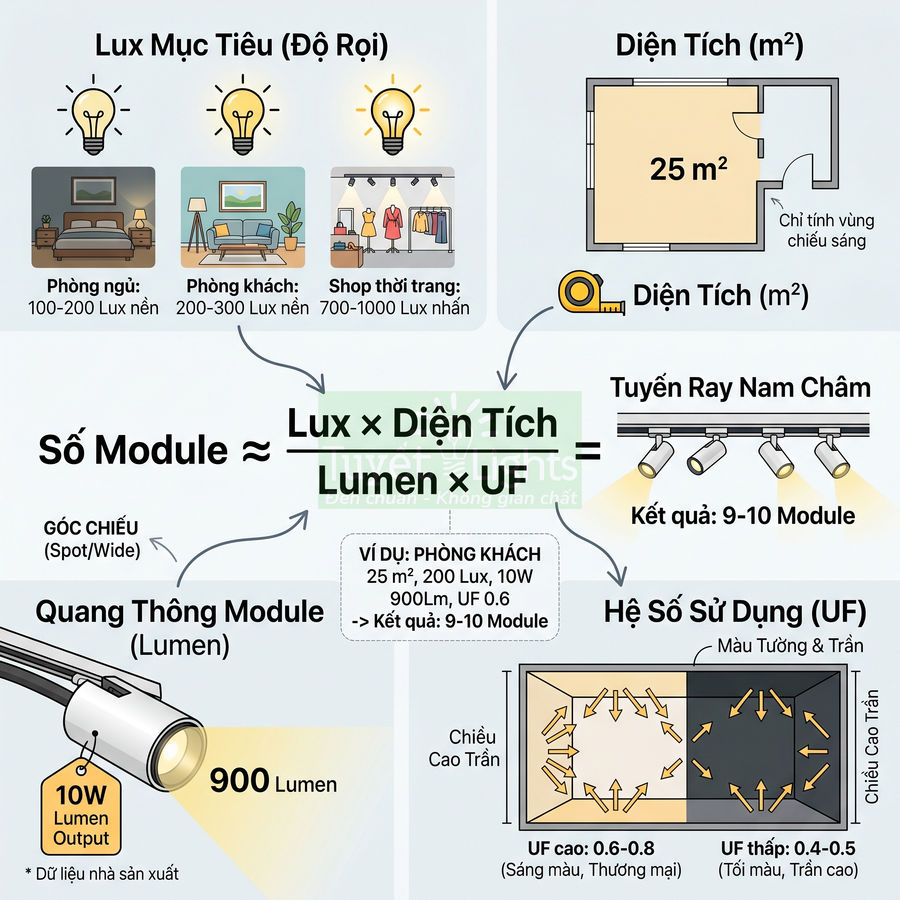 Hướng dẫn tính số module đèn ray nam châm theo lux, diện tích phòng và quang thông 900 lumen