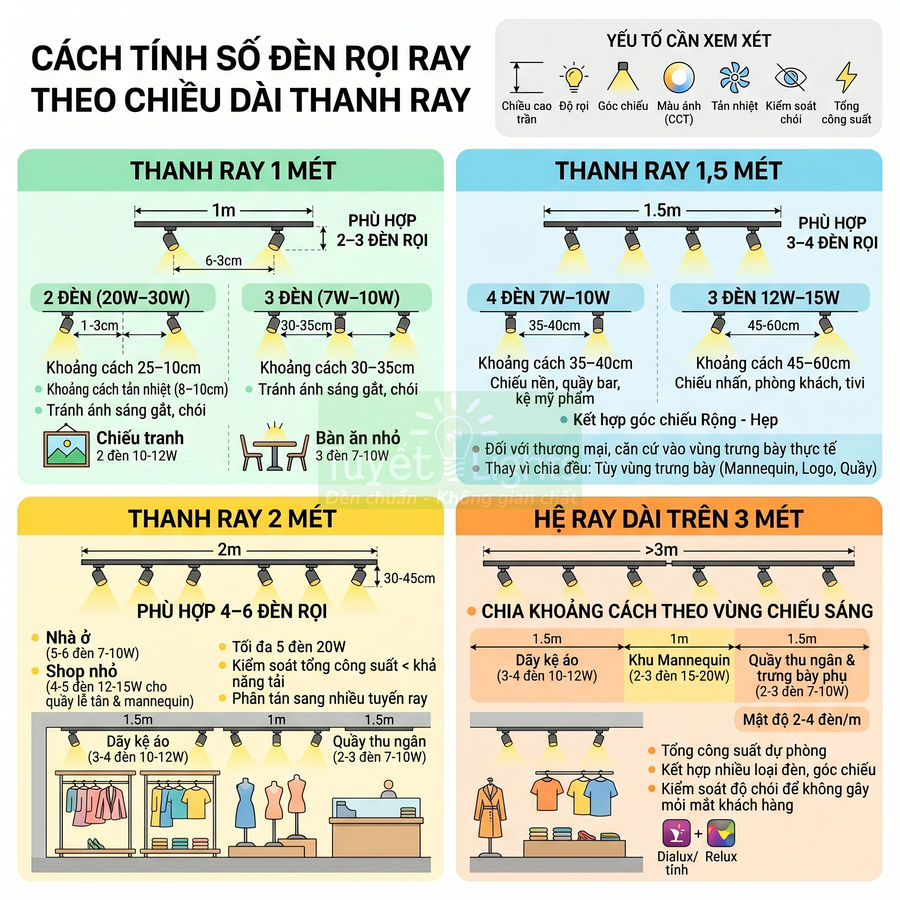 Hướng dẫn tính số đèn rọi ray theo chiều dài thanh ray 1m 1,5m 2m và trên 3m cho nhà ở và shop thời trang