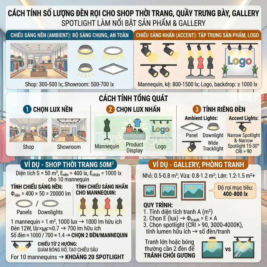Hướng dẫn tính số lượng đèn rọi spotlight cho shop thời trang, quầy trưng bày và gallery bằng hình minh họa