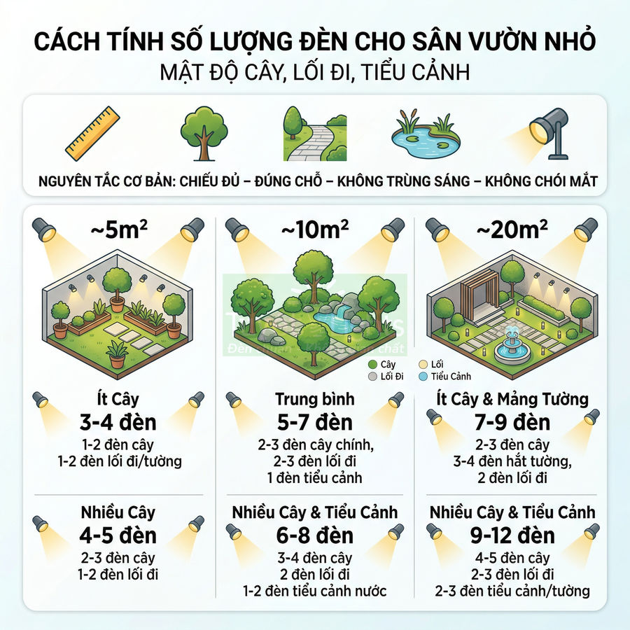 Hướng dẫn chọn số lượng đèn chiếu sáng sân vườn nhỏ theo diện tích và mật độ cây, lối đi, tiểu cảnh