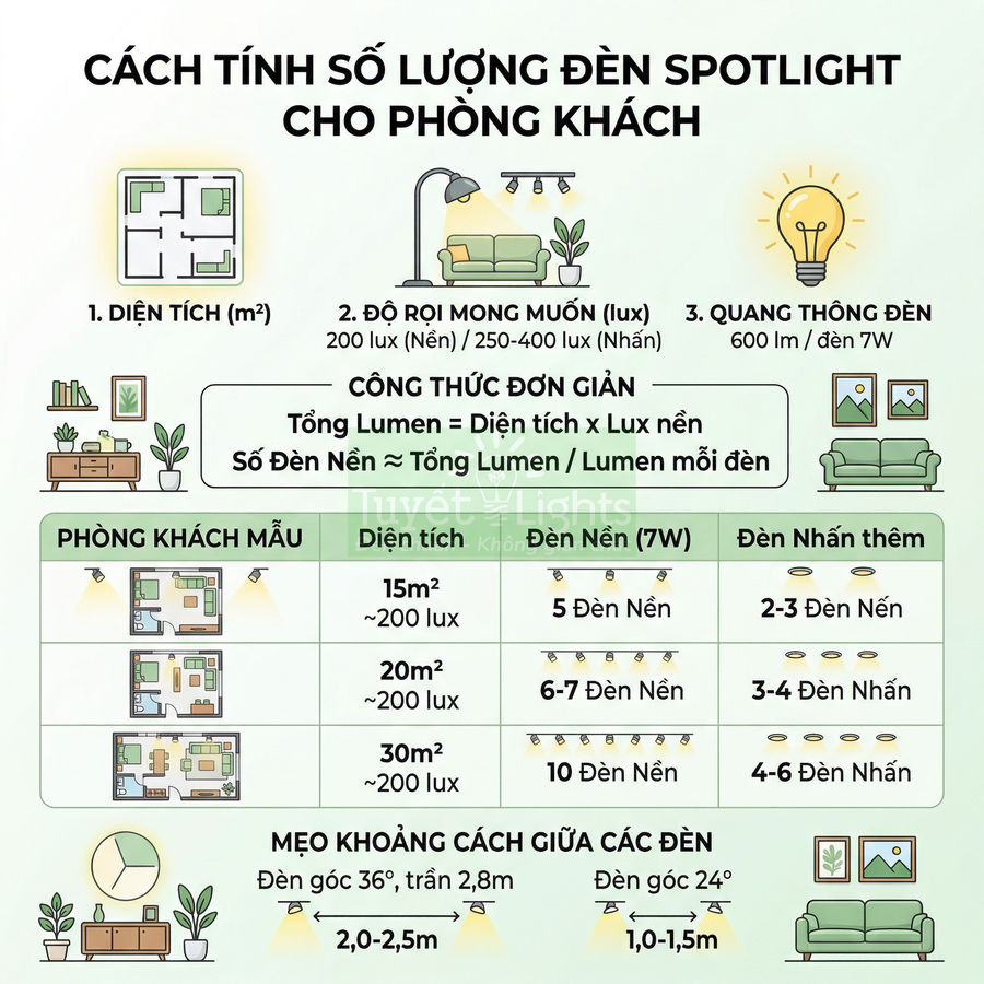 Bảng hướng dẫn tính số lượng đèn spotlight 7W cho phòng khách theo diện tích và độ rọi lux