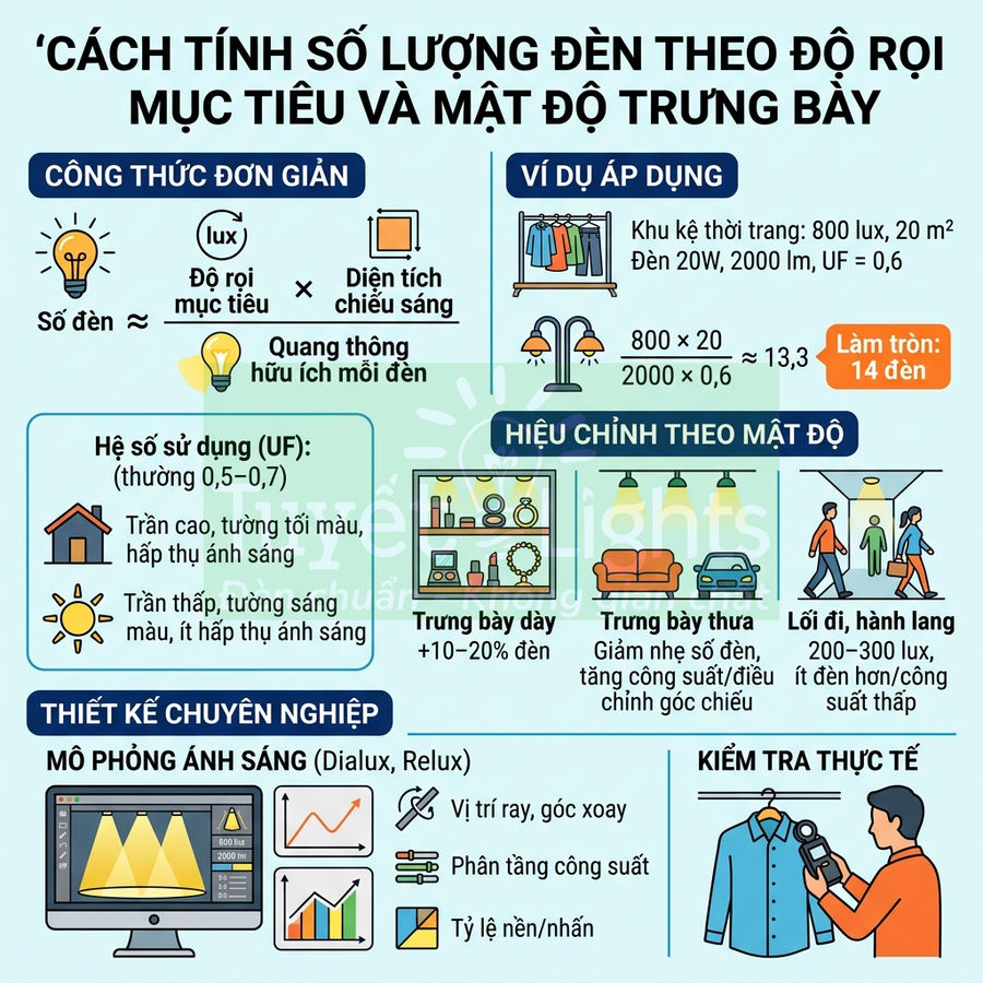 Infographic hướng dẫn cách tính số lượng đèn chiếu sáng theo độ rọi mục tiêu và mật độ trưng bày