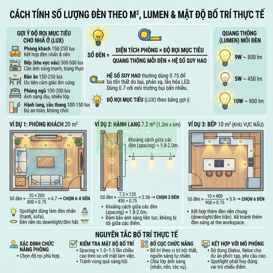 Hướng dẫn tính số lượng đèn theo m2 lumen và bố trí đèn chiếu sáng cho phòng khách hành lang bếp