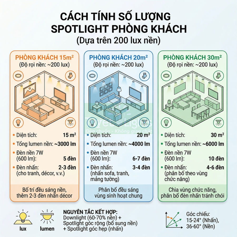 Hướng dẫn tính số lượng đèn spotlight phòng khách 15m2 20m2 30m2 theo lumen và độ rọi nền