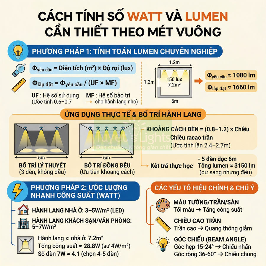 Infographic hướng dẫn cách tính số watt và lumen đèn LED cần thiết cho hành lang theo mét vuông