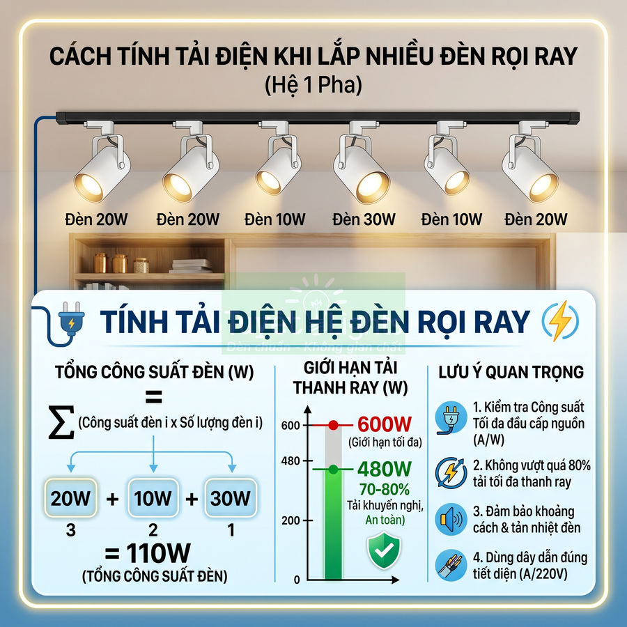 Hướng dẫn tính tải điện cho hệ đèn rọi ray nhiều bóng LED công suất khác nhau trên thanh ray