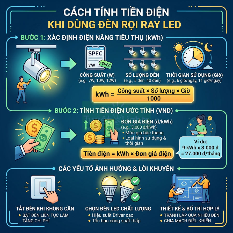 Hướng dẫn cách tính tiền điện khi dùng đèn rọi ray LED và mẹo tiết kiệm điện hiệu quả