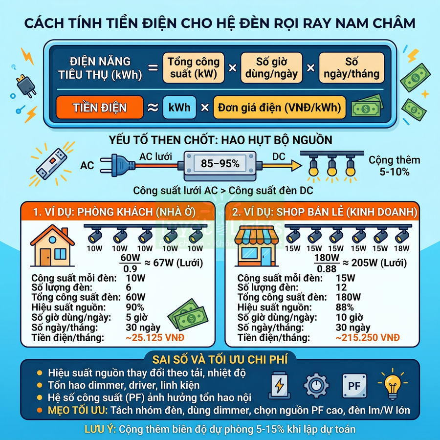 Hướng dẫn cách tính tiền điện cho hệ đèn rọi ray nam châm với ví dụ phòng khách và shop bán lẻ