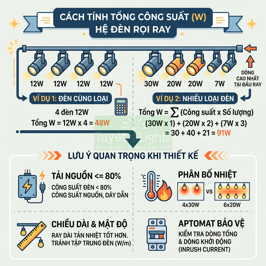 Hướng dẫn cách tính tổng công suất hệ đèn rọi ray và các lưu ý thiết kế tải nguồn, tản nhiệt, aptomat bảo vệ