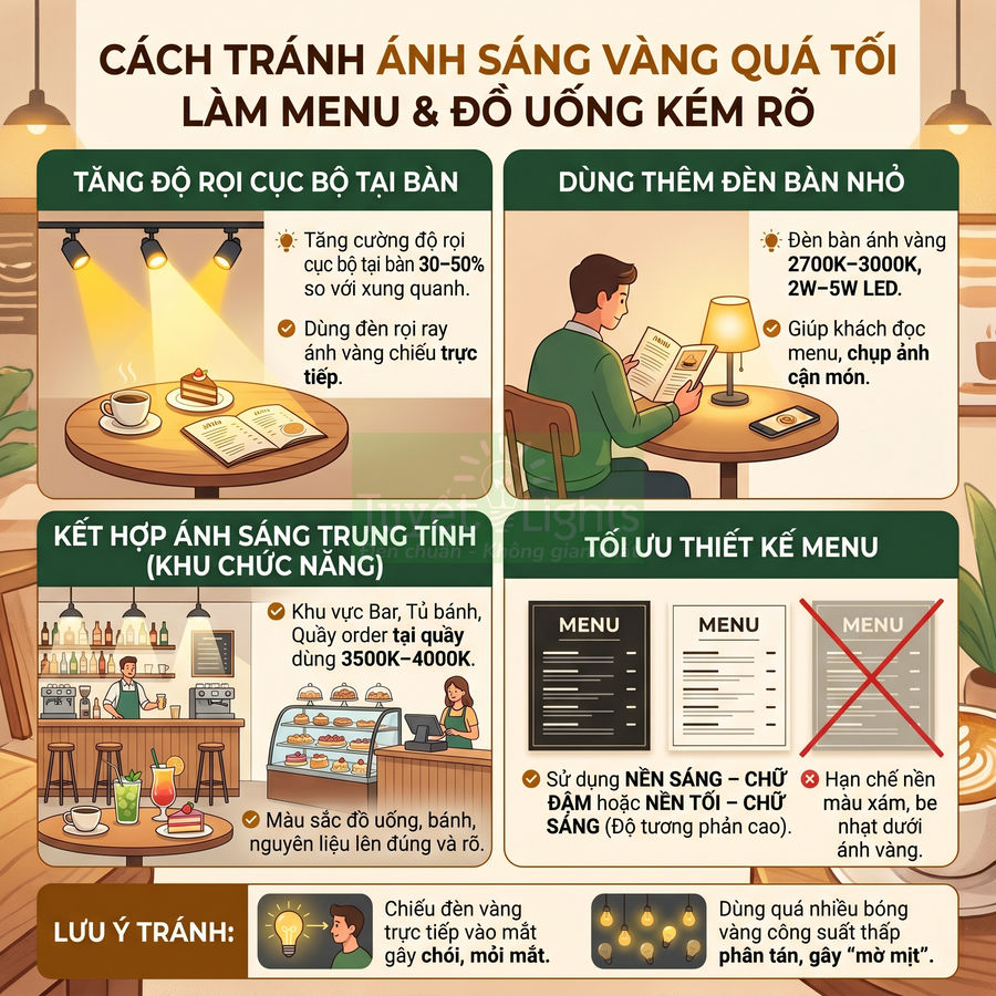 Infographic hướng dẫn bố trí ánh sáng vàng và thiết kế menu giúp khách đọc menu và đồ uống rõ hơn trong quán cà phê