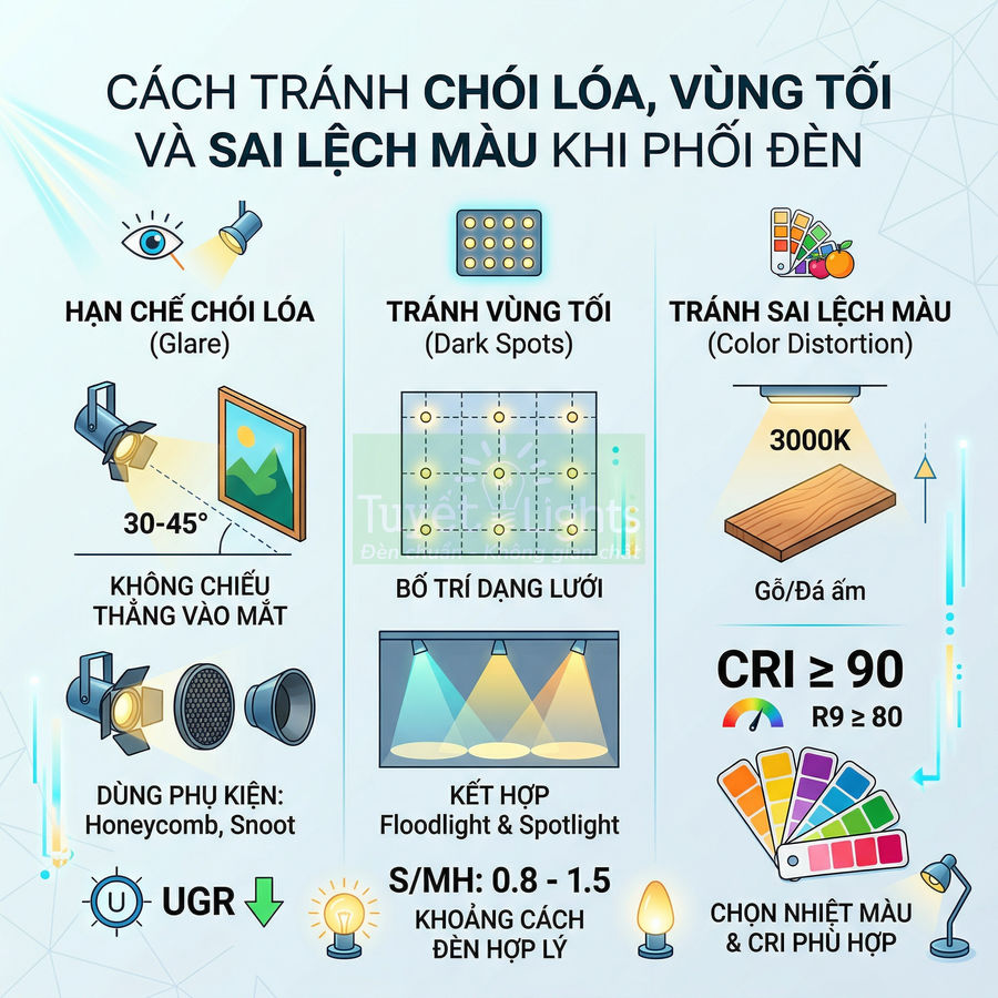 Hướng dẫn bố trí đèn chiếu sáng tránh chói lóa, vùng tối và sai lệch màu với các loại đèn và phụ kiện hỗ trợ