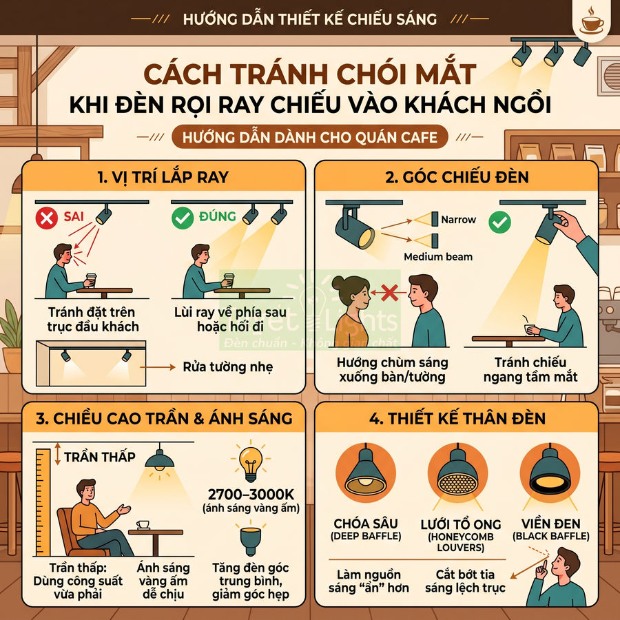 Hướng dẫn bố trí đèn rọi ray trong quán cafe để tránh chói mắt và tạo ánh sáng dễ chịu cho khách ngồi