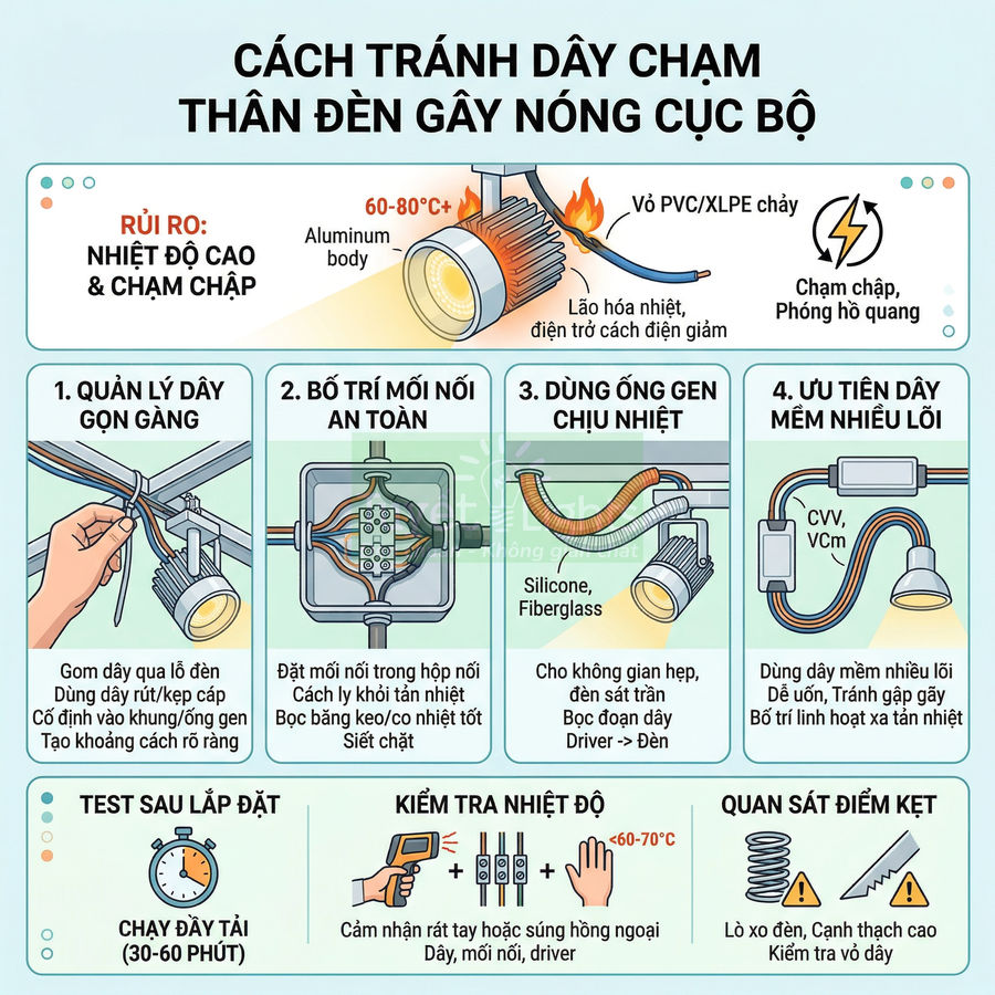 Hướng dẫn tránh dây điện chạm thân đèn LED âm trần gây nóng cục bộ và cháy chập khi lắp đặt