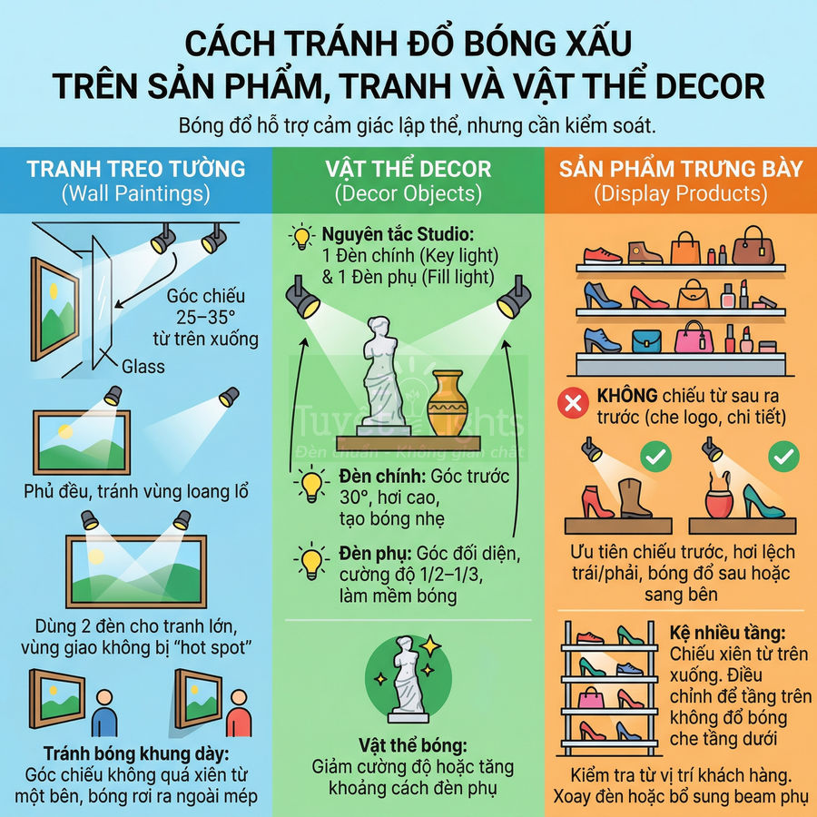 Hướng dẫn bố trí đèn chiếu sáng để tránh bóng đổ xấu trên tranh treo tường, vật decor và sản phẩm trưng bày