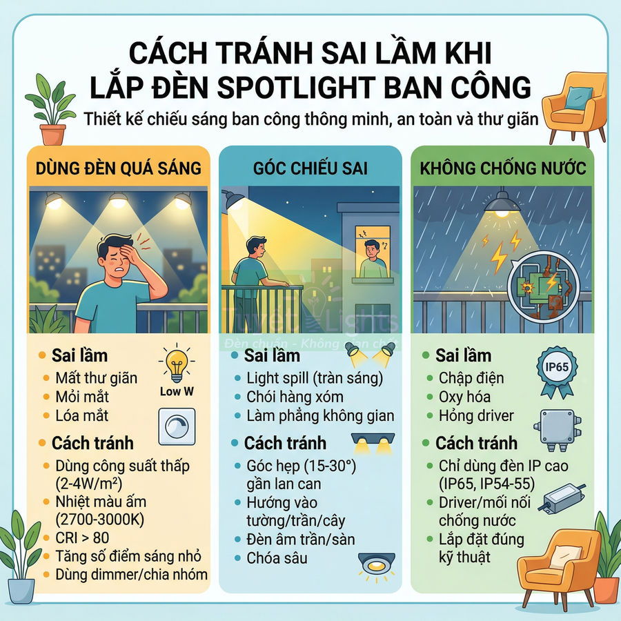 Hướng dẫn tránh sai lầm khi lắp đèn spotlight ban công, chọn công suất, góc chiếu và tiêu chuẩn chống nước IP65
