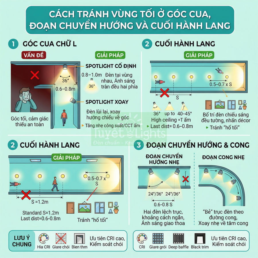 Infographic hướng dẫn bố trí đèn spotlight Tuyết Lights để tránh vùng tối ở góc cua và cuối hành lang