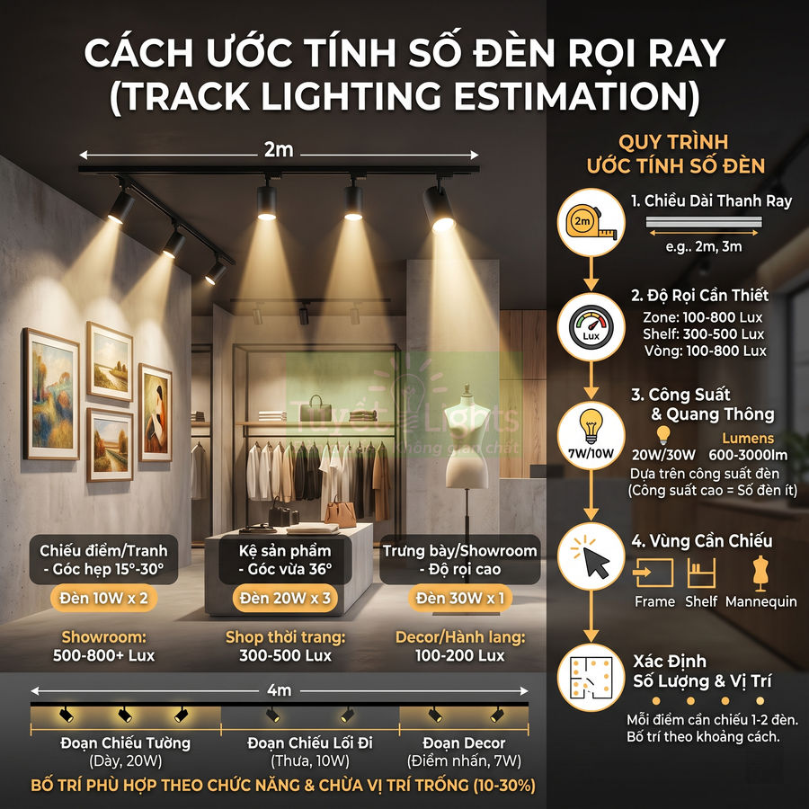 Hệ thống đèn rọi ray chiếu sáng tranh treo tường, kệ quần áo và khu trưng bày trong cửa hàng thời trang