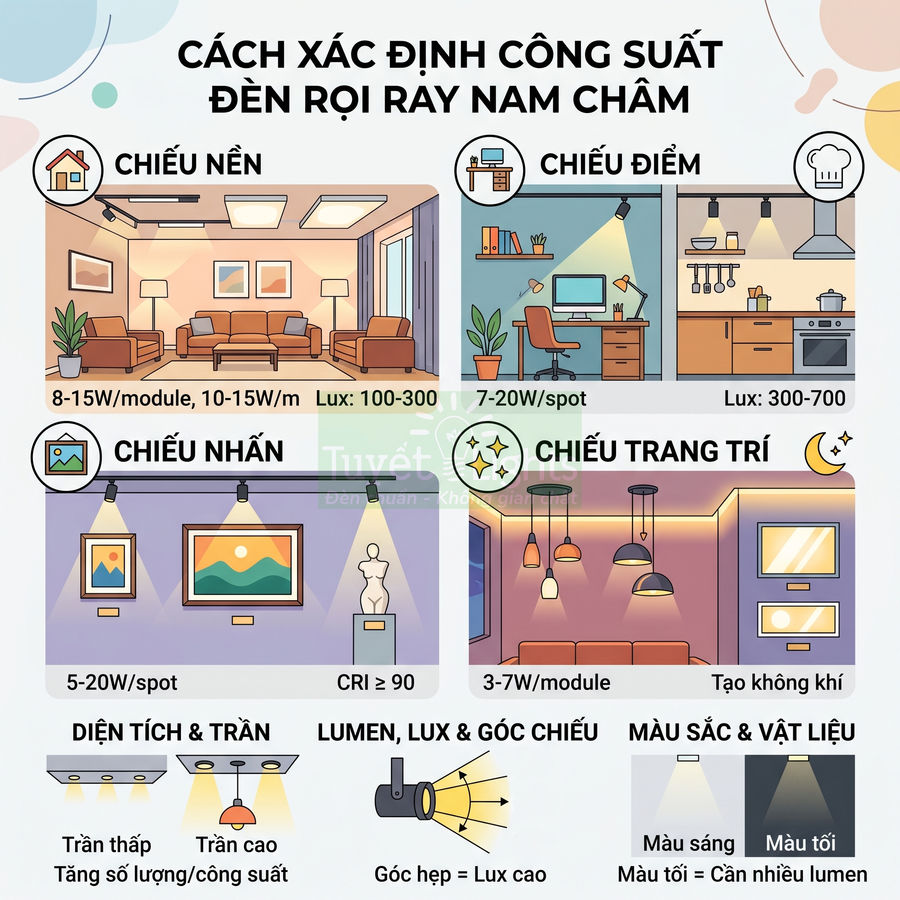 Hướng dẫn chọn công suất đèn rọi ray nam châm cho chiếu nền, chiếu điểm, chiếu nhấn và chiếu trang trí trong nhà