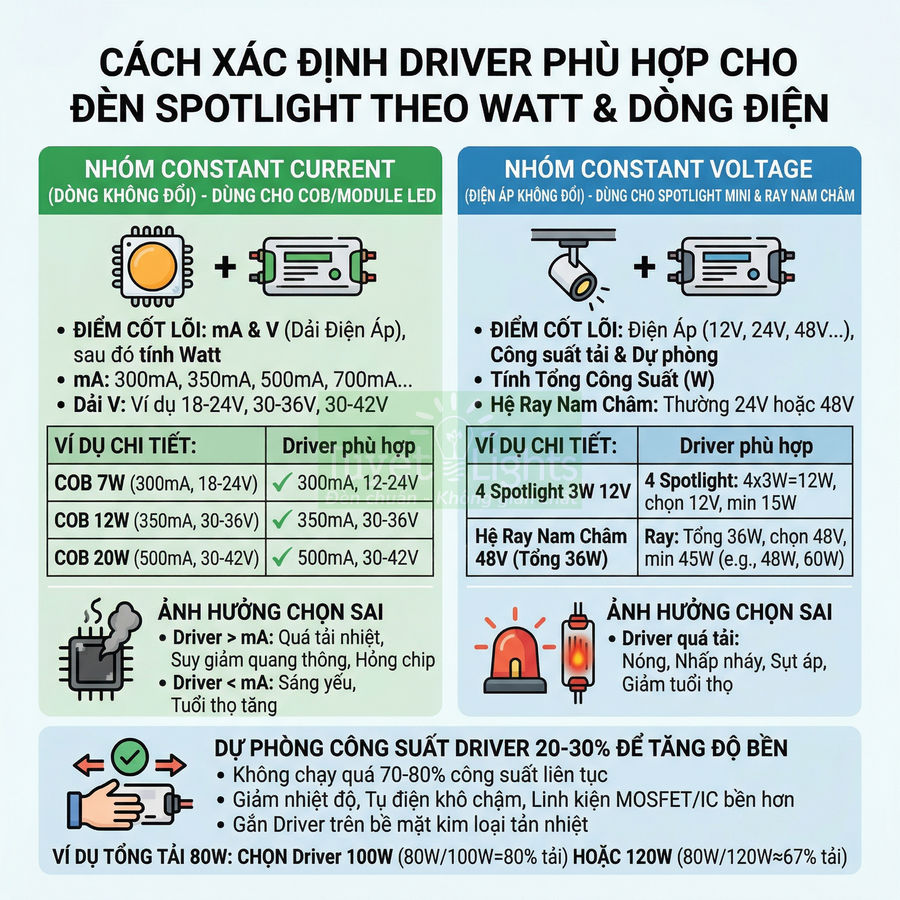 Hướng dẫn chọn driver phù hợp cho đèn spotlight theo công suất watt và dòng điện constant current, constant voltage