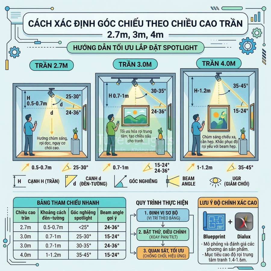 Hướng dẫn lắp đặt đèn spotlight chiếu tranh theo chiều cao trần 2.7m 3m 4m