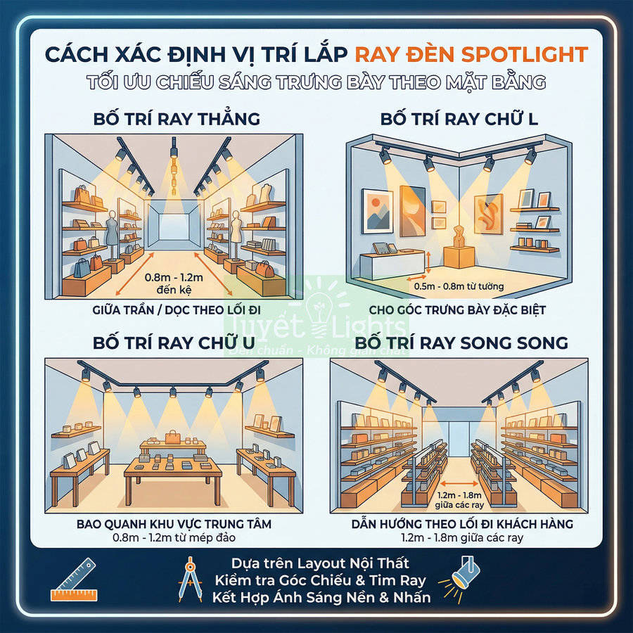 Hướng dẫn bố trí ray đèn spotlight trong cửa hàng trưng bày sản phẩm thời trang và phụ kiện