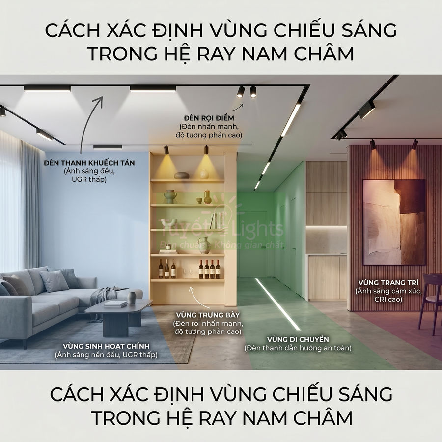 Hệ thống đèn ray nam châm chiếu sáng phòng khách, kệ trưng bày và khu bếp với các vùng ánh sáng khác nhau