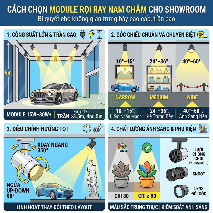 Infographic hướng dẫn chọn module đèn rọi ray nam châm cho showroom trần cao, điều chỉnh góc chiếu và chất lượng ánh sáng