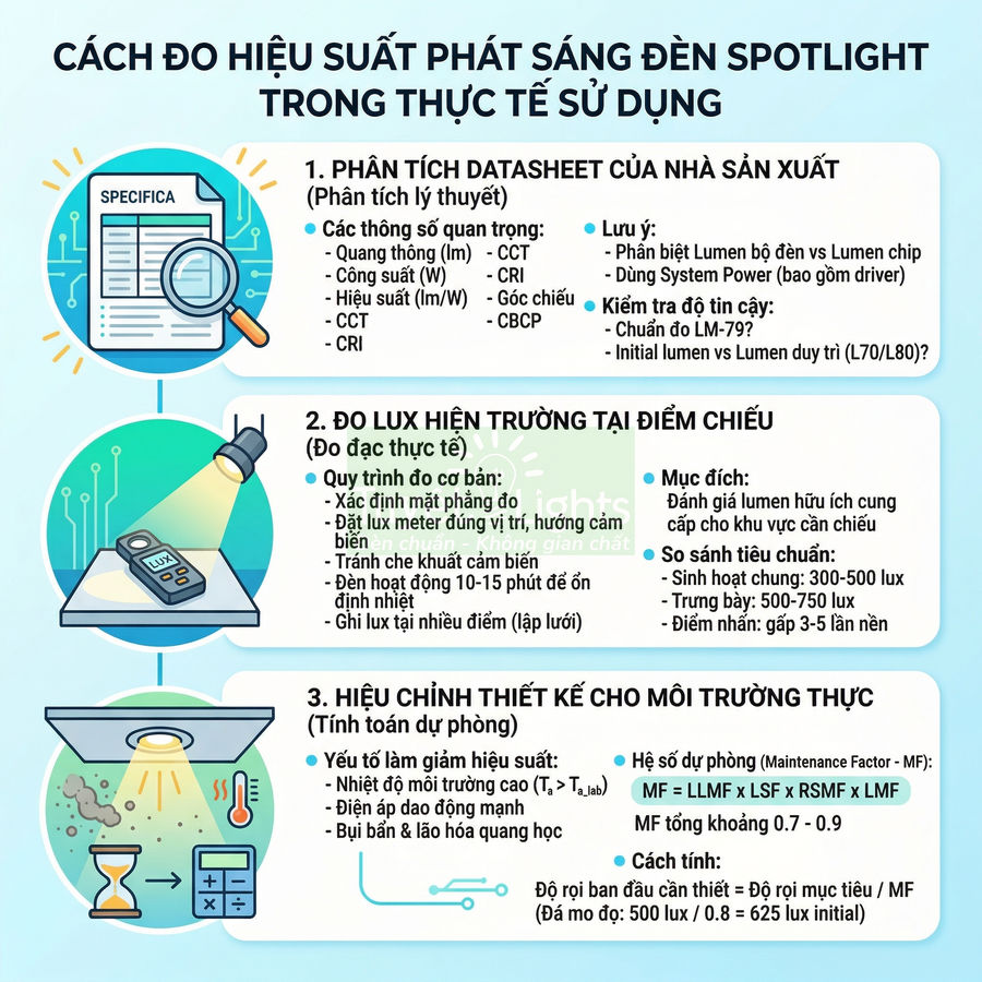 Hướng dẫn đo hiệu suất phát sáng đèn spotlight trong thực tế với các bước phân tích datasheet, đo lux và hiệu chỉnh thiết kế